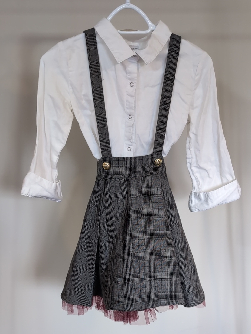 Plaid Suspender Skirt with Tulle Hem - Gray